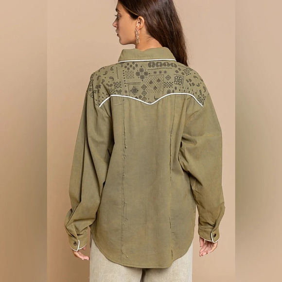 POL western button up Paisley M Olive Green women’s snap cowgirl - Picture 2 of 9